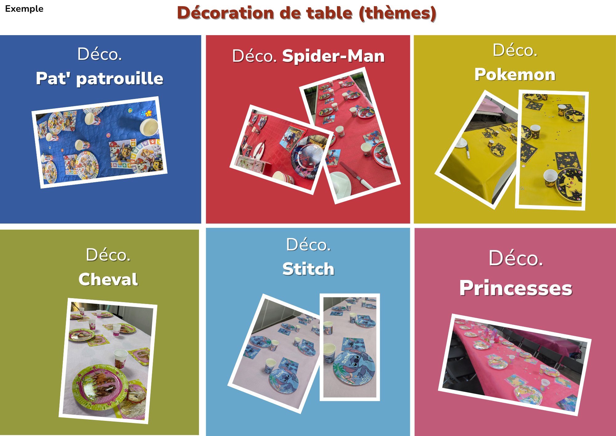 Décoration de table thème Jump Story — Pat'patrouille, Spider-Man, Pokemon, Cheval, Stitch, Princesses