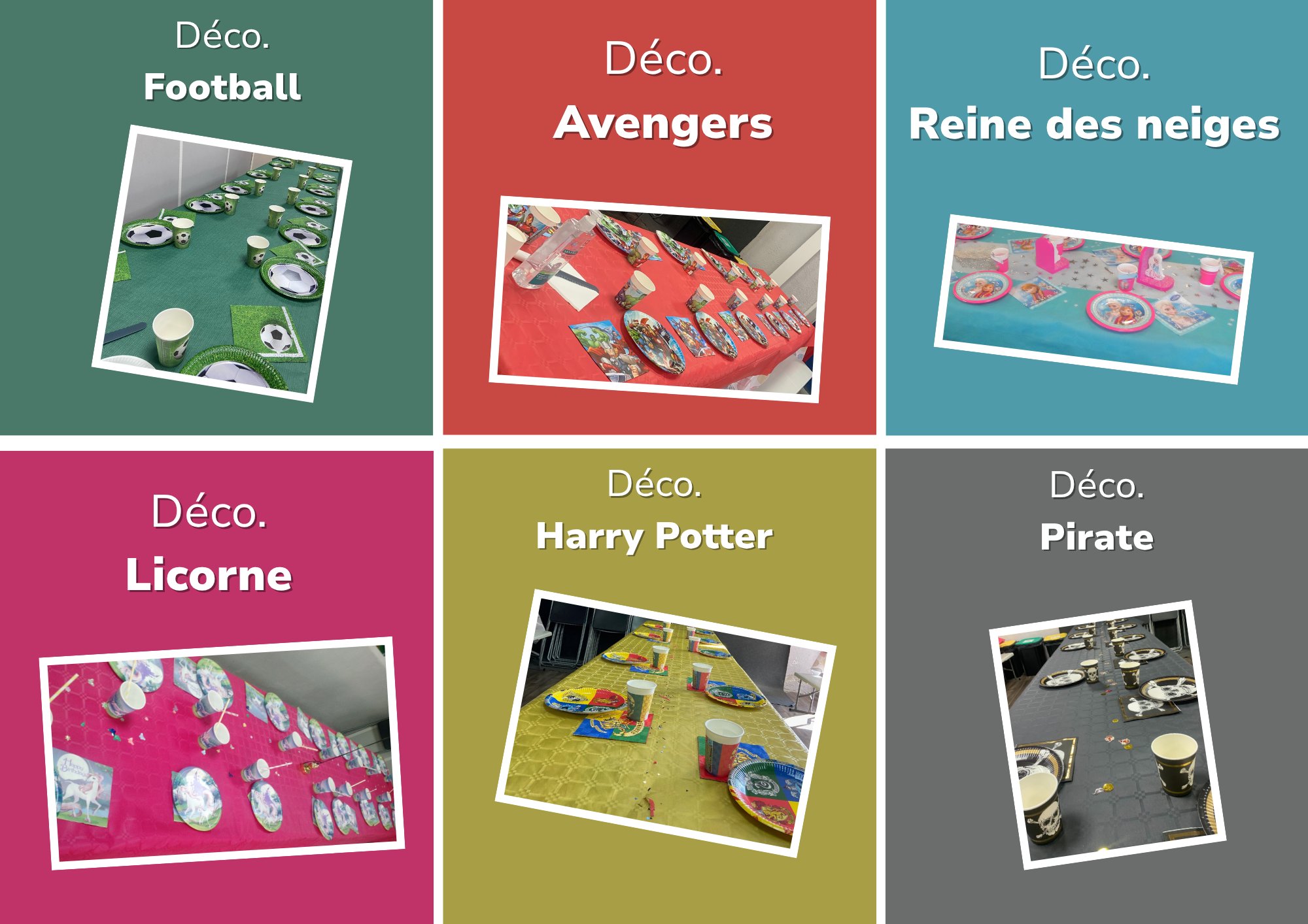 Décoration de table thème Jump Story — Football, Avengers, Reine des neiges, Licorne, Harry Potter, Pirate