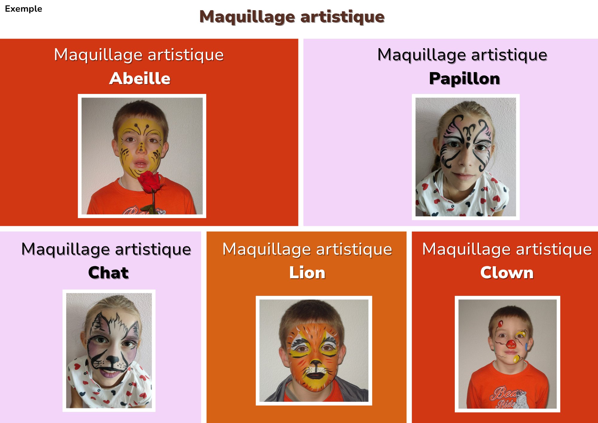 Maquillage artistique anniversaire Jump Story — Abeille, Papillon, Chat, Lion, Clown