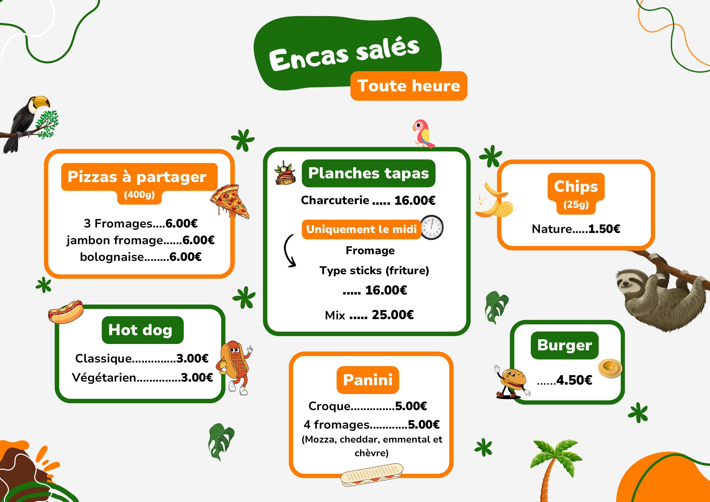 Carte Encas salés — Pizzas, tapas, hot dog, burger, chips