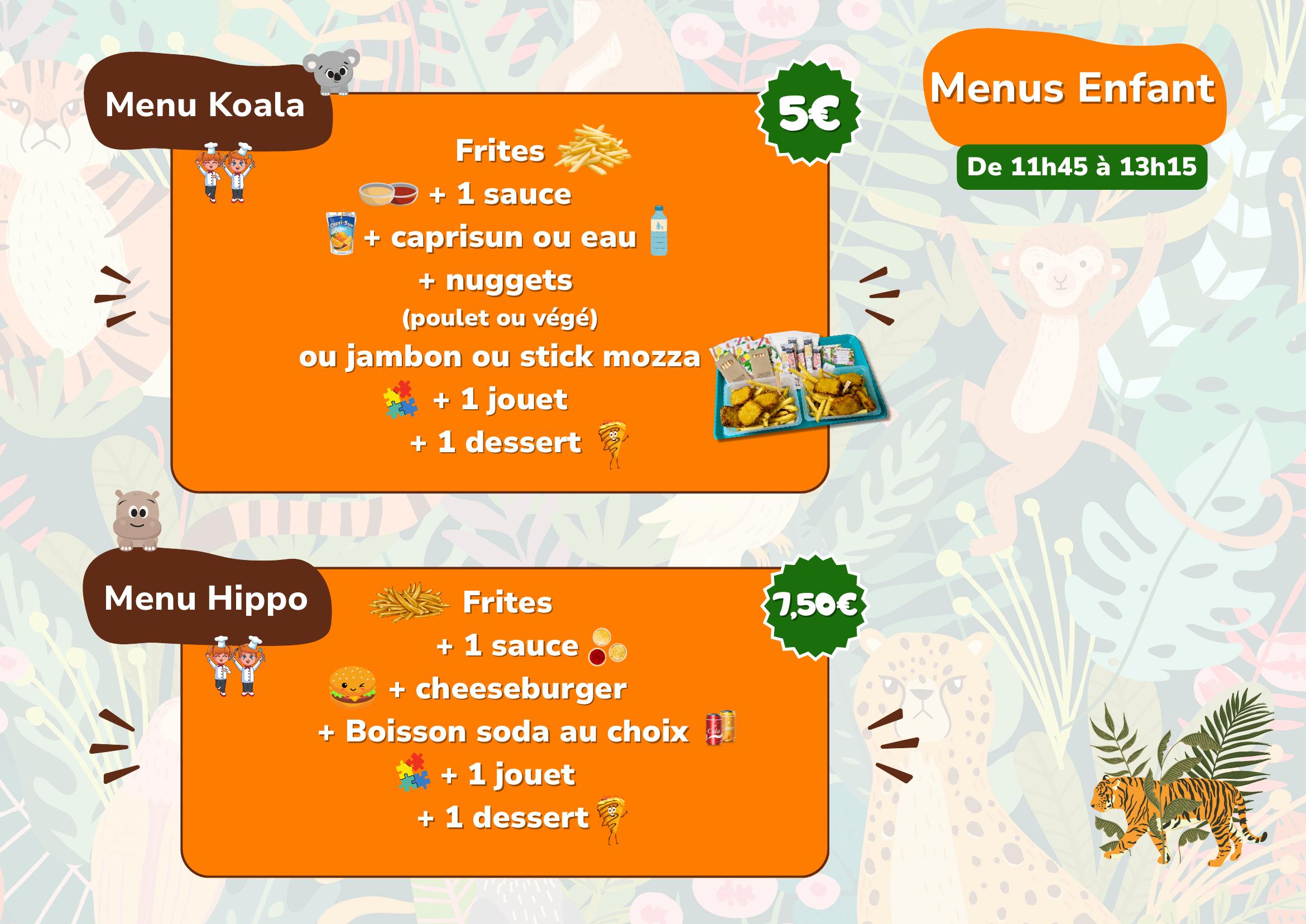 Menu enfant Jump Story — Menu Koala 5€ et Menu Hippo 7,50€