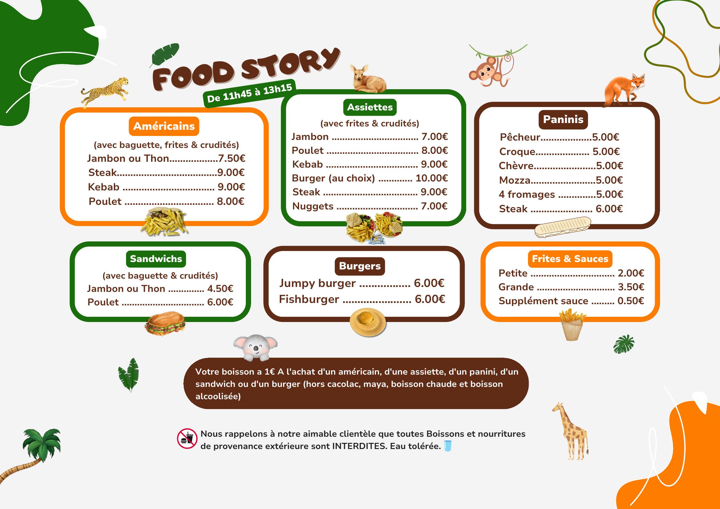 Carte Food Story — Américains, assiettes, paninis, burgers, frites