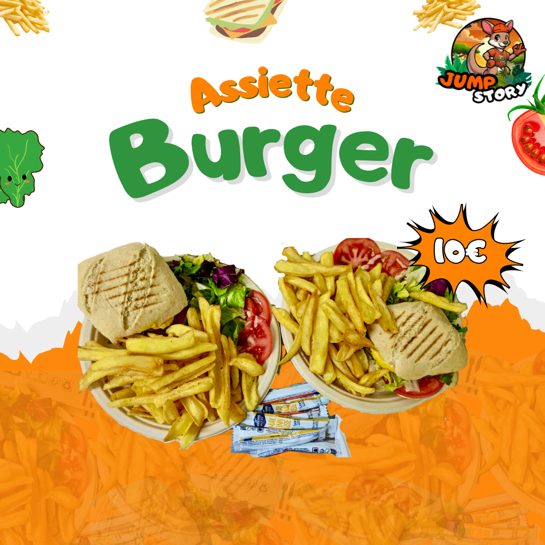 Assiette burger Jump Story — 10€ avec frites et crudités