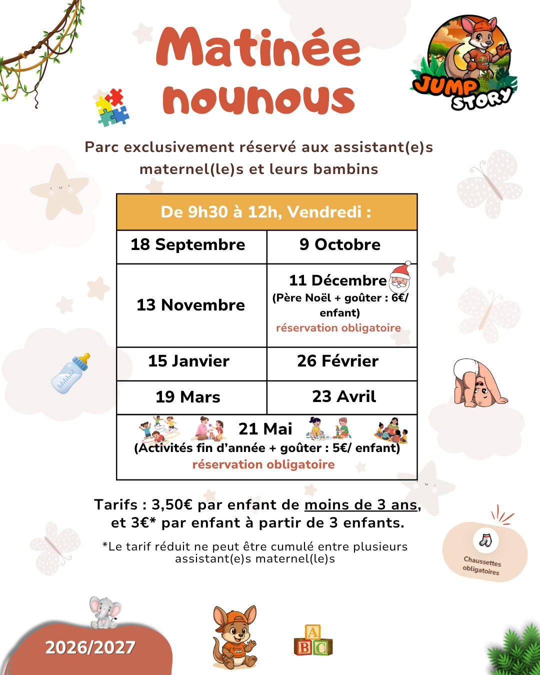 Flyer Matinée Nounous 2026/2027 — Jump Story Perpignan, calendrier des dates et tarifs